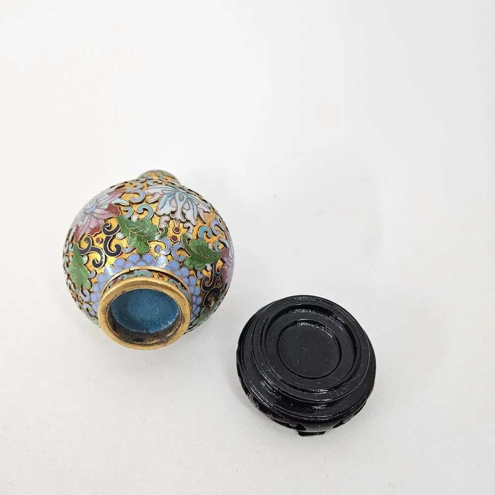Vintage Chinese Cloisonne Enamel Floral Vase Miniature w/ Stand 20C